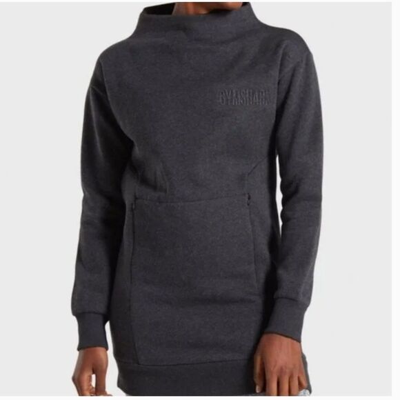 GYMSHARK WOMENS Mock Neck So Soft Jumper Dark Gray ZIP POCKETS TUNIC PULLOVER - Picture 1 of 7